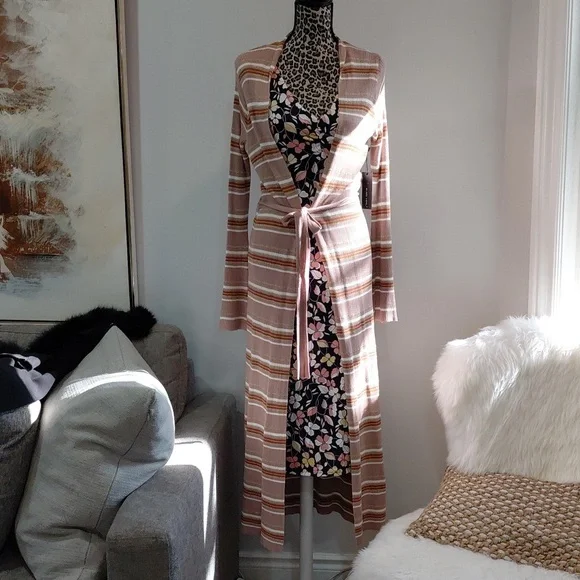 Striped Tan Long Belted Cardigan - Picture 4 of 11